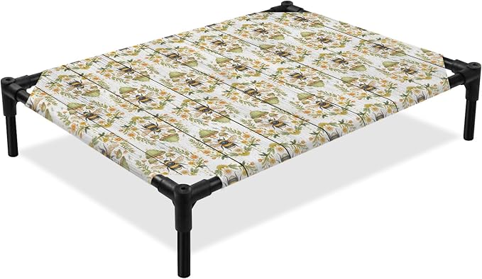 Outdoor Elevated Dog Bed for Large Dogs, Classic Bees Breathable Cooling Raised Dog Cot for Indoor/Outdoor, Summer Spring Floral Animals Wooden Waterproof Elevated Pet Beds, L 28 x 22 in
