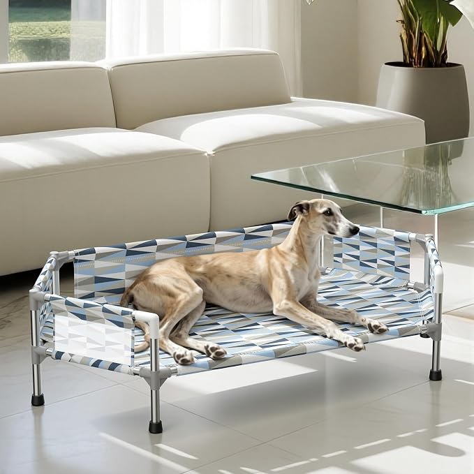 Elevated Dog Bed with Guardrails, Raised Cooling Outdoor Pet Cot Medium | Outdoor Dog Bed with 5-Sided Fence for Training Rest, Portable Hexagon Dog Hammock with Metal Frame, Dog Couch Off the Ground