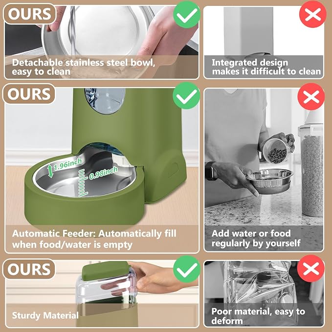 HWONMTE Portable Automatic Cat Feeder and Water Dispenser with Stainless Steel Bowl Dog Gravity Food Feeder and Waterer for Small Medium Pets Puppy Kitten 1 Gallon x 2 (Olive Green)