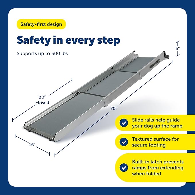 PetSafe Happy Ride Compact Telescoping Dog Ramp | Most Compact Size, Extends 28-70 in for Most Vehicles, Rubber Feet, Side Rails, Safety Latch, Supports Dogs up to 300 Lb