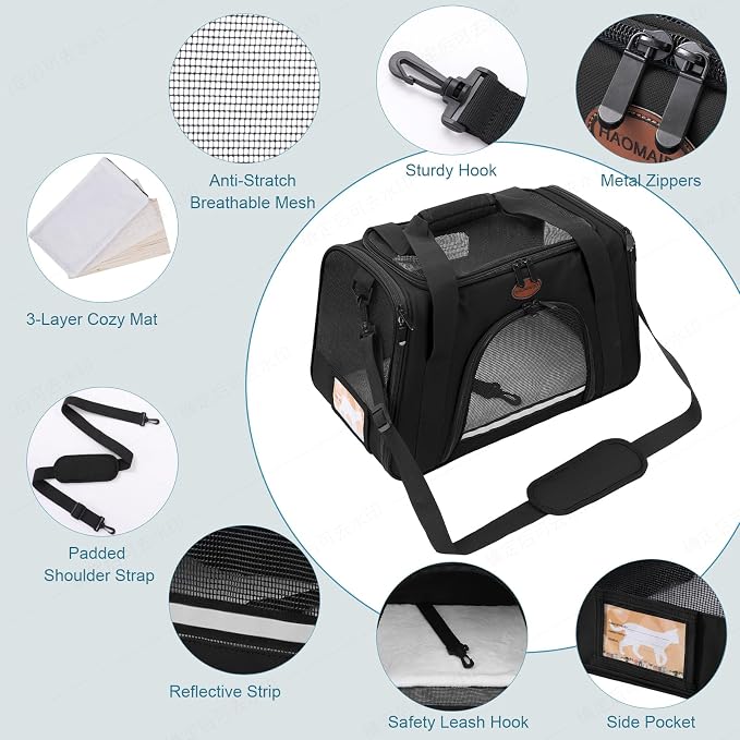 Cat Carrier Dog Carrier Pet Carriers for Medium Small Cats Dogs Puppies up to 15 Lbs,TSA Airline Approved Small Dog Cat Carriers Soft Sided,Collapsible Travel Puppy Carrier (Black, Medium)