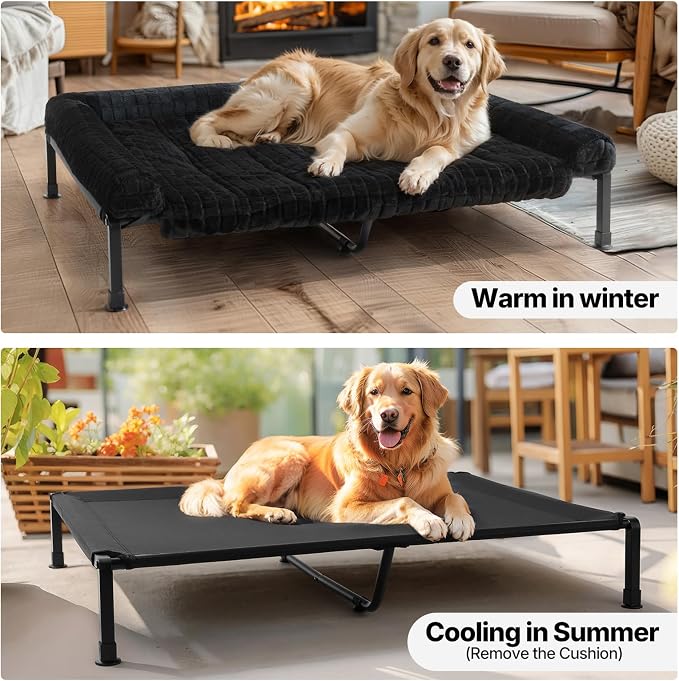 Veehoo Elevated Dog Bed with Fluffy Plush Bolster Cushion, Dog Couch Bed | Cooling Raised Dog Bed for Large Dogs, Washable Orthopedic Pet Cot with Removable Mat, Breathable Mesh, Non-Slip, 53", Black