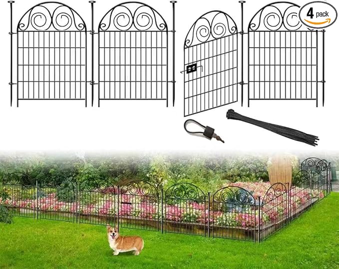 Getlay Tall Garden Fencing Animal Barrier with Gate, 32 Inch(H) 4 Panels Dog Fence Outdoor for Yard, Total Length 8.8 Ft Decorative Fence for Garden│Patented