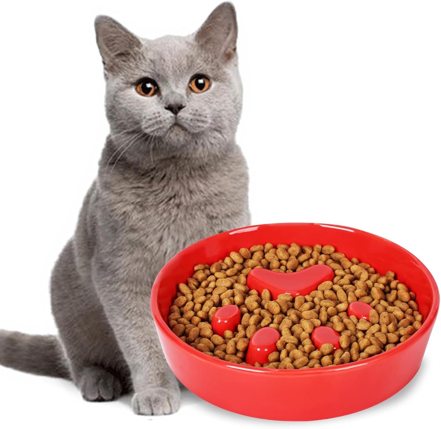 Slow Feeder Cat Bowls, Ceramic Fun Slow Eater Bowl for Cats (Red)