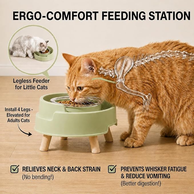 Ant Not Cross Elevated Cat Bowls Mess Proof-2 Food Grade Glass Bowls & 1 Lids- No Spill Cat Food and Water Feeding Station for Cats&Puppy Indoor & Outdoor,No Whisker Fatigue Dish,Green