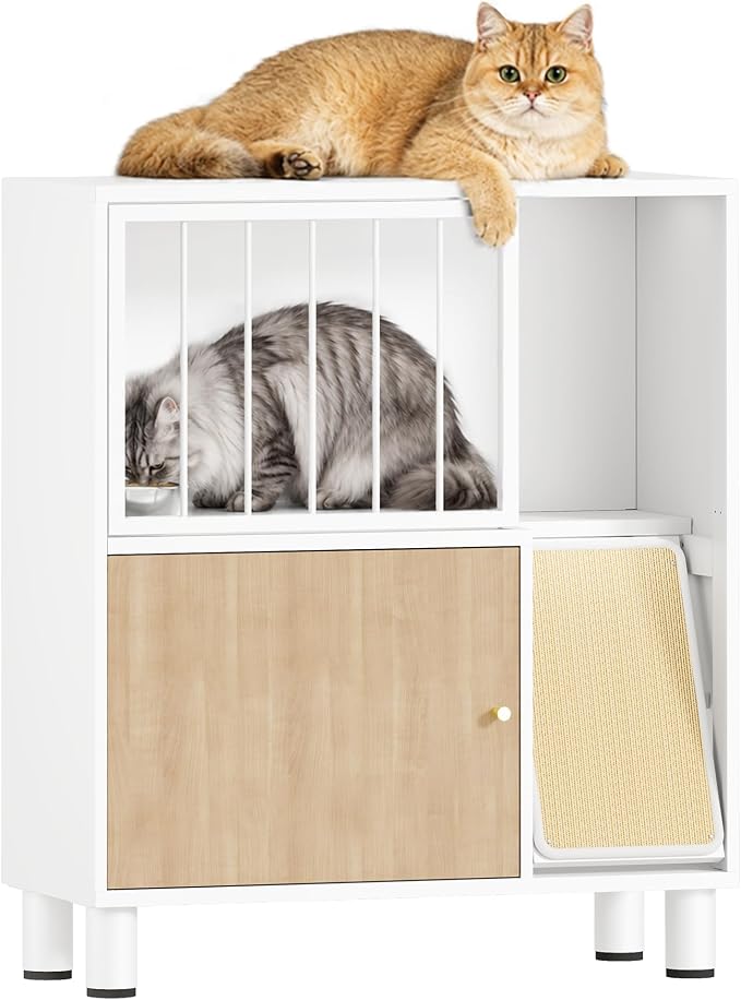 Dog Proof Cat Feeding Station, Metal Cat Feeding Cabinet, White | Elevated Cat Feeding Station, Pet Food Station with Storage, Cat Bowl Stand, Scratching Board, Stainless Steel Bowls