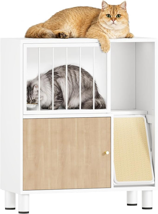 Dog Proof Cat Feeding Station, Metal Cat Feeding Cabinet, White | Elevated Cat Feeding Station, Pet Food Station with Storage, Cat Bowl Stand, Scratching Board, Stainless Steel Bowls
