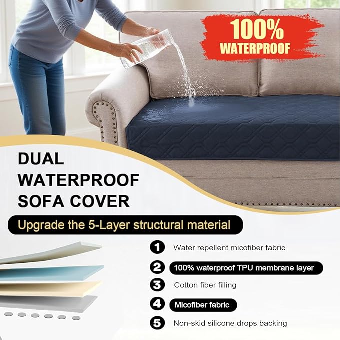 PrinceDeco Waterproof Couch Cover for Dogs Washable Dog Blanket Indoor and Outdoor Replacement Bed Cover with Anti-Slip Back Furniture Bed Couch Sofa for Large Sized Dog(52x82 Inch,Navy)