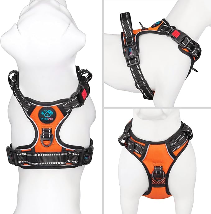 Reflective Dog Harness Large Breed Adjustable No Pull Vest | with Handle 2 Metal Rings 3 Buckles [Easy to Put on & Take off](XL, Orange)