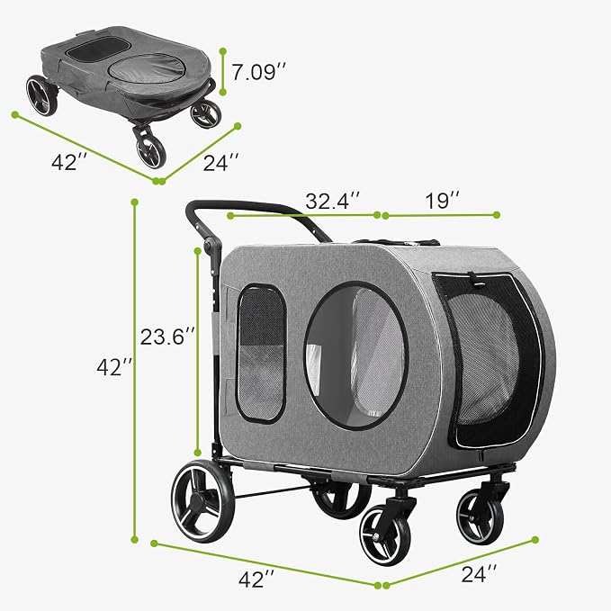 Saudism Large Dog Stroller for Medium Dogs，Pet Stroller for 2 Small Dogs, Foldable Jogger Wagon with Detachable Carrier for Car Seat, Adjustable Handle, Up to 90 lbs, Gray