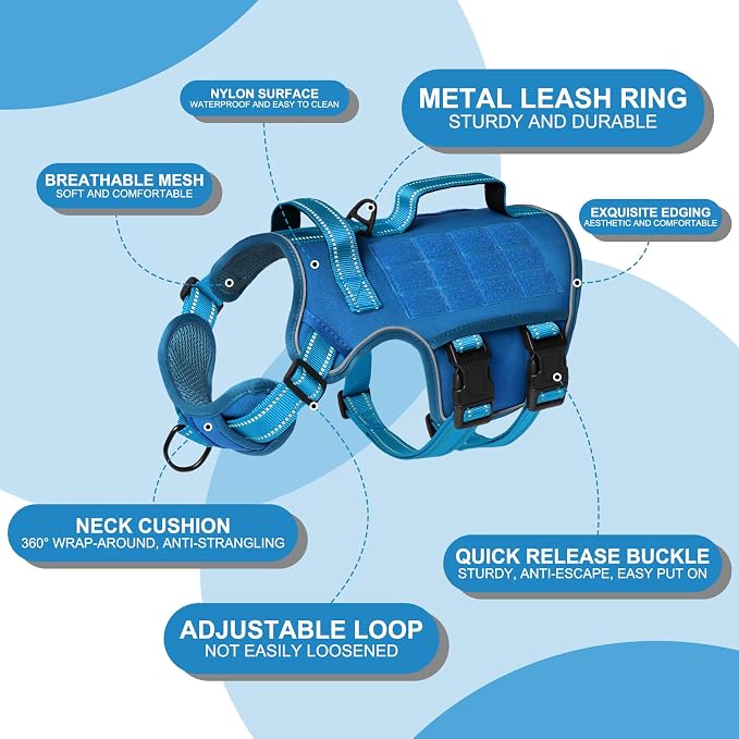 Dog Harness for Large Dogs, No Pull Tactical Vest with Front Clips | Easy Contrl Handle, Breathable Soft Padded, Adjustable, Reflective, Heavy Duty, Easy Take On & Off, Blue X-Large