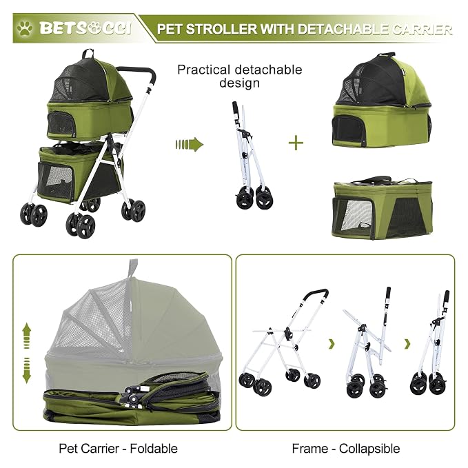 Double Dog Stroller with 2 Detachable Carrier, Portable Pet Stroller for Small Dogs & Cats Folding Lightweight Puppy Travel Carriage, 4 Wheels, Olive Green