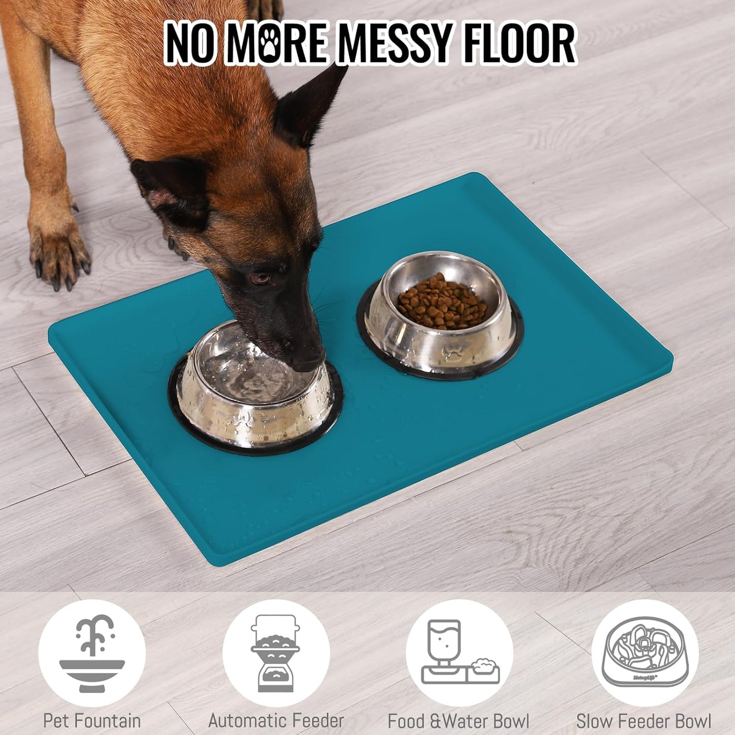 MateeyLife Dog & Cat Food Water Mat for Floors Waterproof, Nonslip Pets Bowl Feeding Mats with Raised Edges, Silicone Matt Tray for Messy Drinkers, 22"x14", Teal