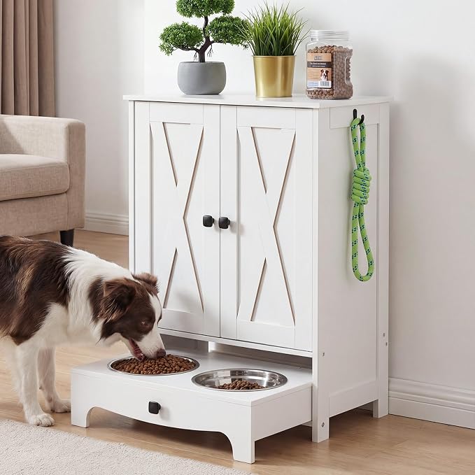 HOOBRO Dog Feeding Station with Storage and Hooks, Dog Food Storage Cabinet with Feeding Bowls, Pet Feeding Station with Sliding Drawer and 2 Hidden Bowls for Dog & Cat, White WT12PO03G1