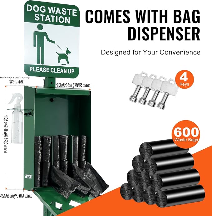 VEVOR Dog Waste Station, 11.5 Gallon Pet Waste Station with Hand Wash Bottle, Lockable Bag Dispenser, 50 Can Liners & 600 Waste Bags, Outdoor Pet Poop Station for Commercial Use, Parks, Backyard