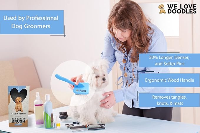 We Love Doodles Dog Grooming Comb Set & Large Dog Slicker Brush Bundle - Grooming Comb & Long Pin Brush for Dogs Kit - Removes Tangles & For Dematting - Brush for Shedding - Made in USA