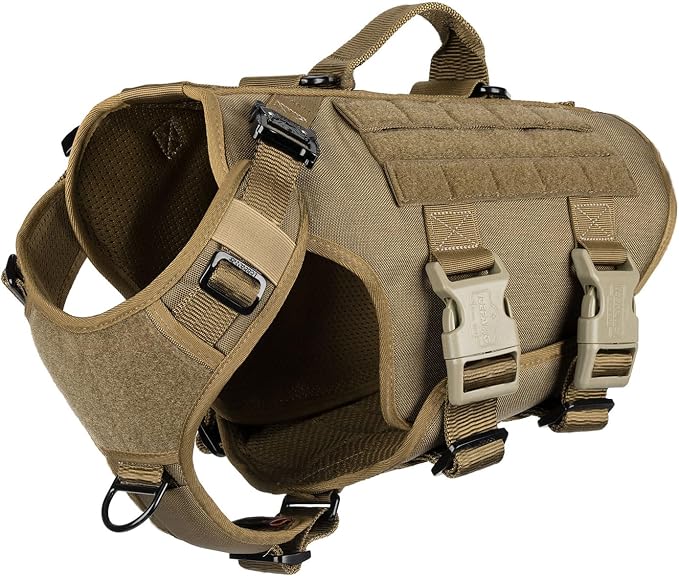 ICEFANG No Pull Tactical Dog Harness for Medium Dogs,Adjustable Dog Vest | Control Handle,MOLLE Panel,Front Hook,3 Leash Clips,Soft Padded,for walking training,Brown,Medium