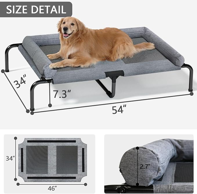 PETIME Cooling Elevated Pet Cushion Bed Raised Dog Cots for Small Dogs, Portable Indoor & Outdoor Pet Hammock, Frame with Breathable Mesh and Removable Bolsters (54 Inch)