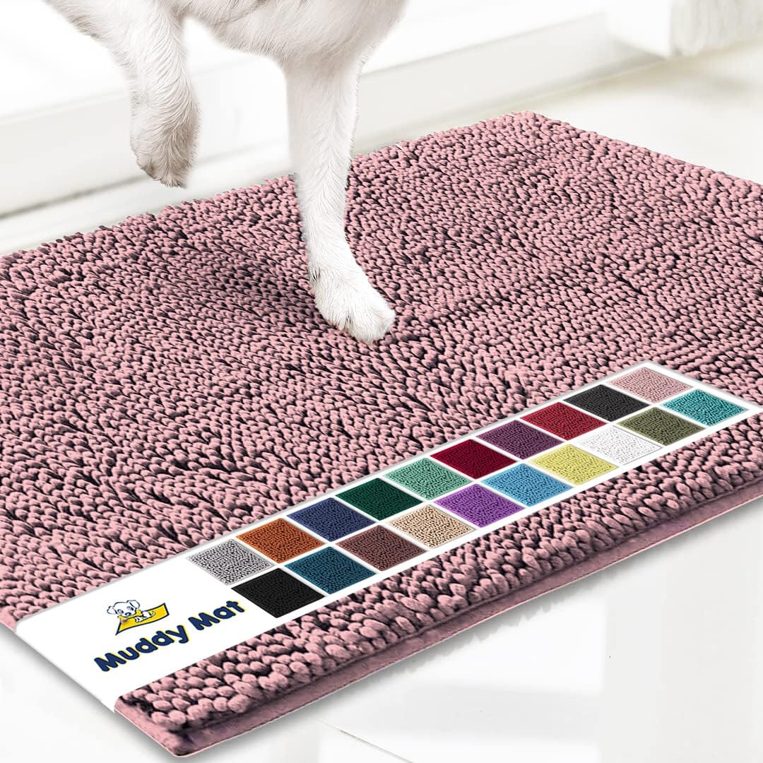 Muddy Mat® AS-SEEN-ON-TV Highly Absorbent Microfiber Door Mat and Pet Rug, Non Slip Thick Washable Area and Bath Mat Soft Chenille for Kitchen Bedroom Indoor and Outdoor - Light Pink 48" x 60"