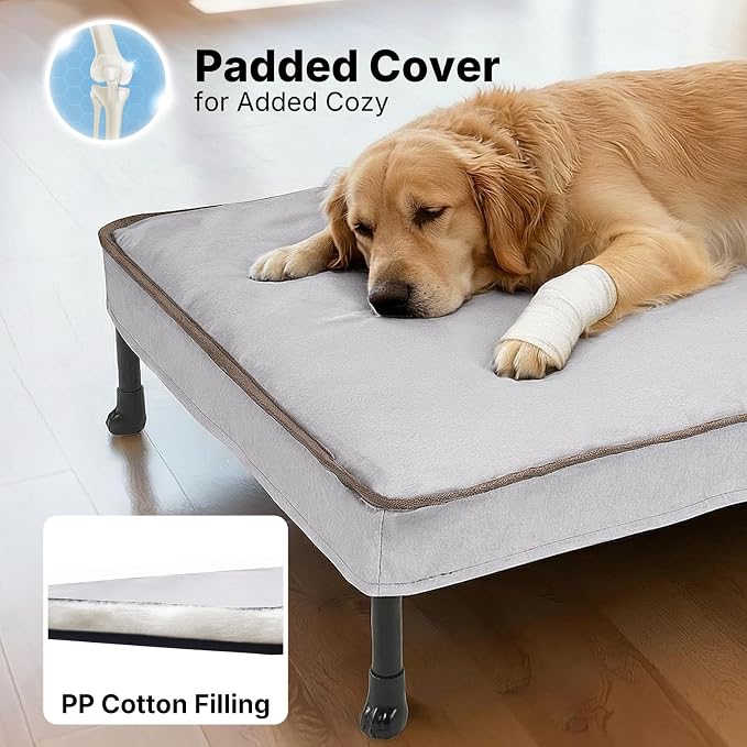 Veehoo Outdoor Elevated Dog Bed with Washable & Waterproof Cushion, Cooling | Medium Raised Dog Cot with Removable Cover, Brethable Mesh, Orthopedic Pet Bed for Indoor & Outdoor, 32" x 25", Dark Grey