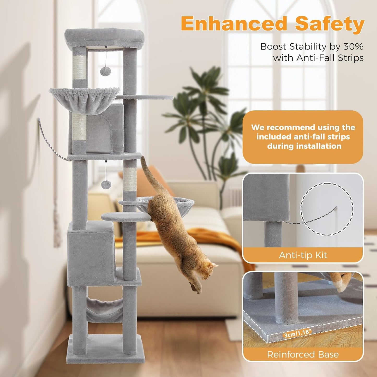 71.2" Tall Cat Tree for Indoor Cats - 9-Level Multi-Cat Tower w/5 Sisal Scratching Posts, 2 Condos, 3 Hammocks, Perch & Pom Poms - Heavy-Duty for Adult Cats, Space-Saving Plush Gray
