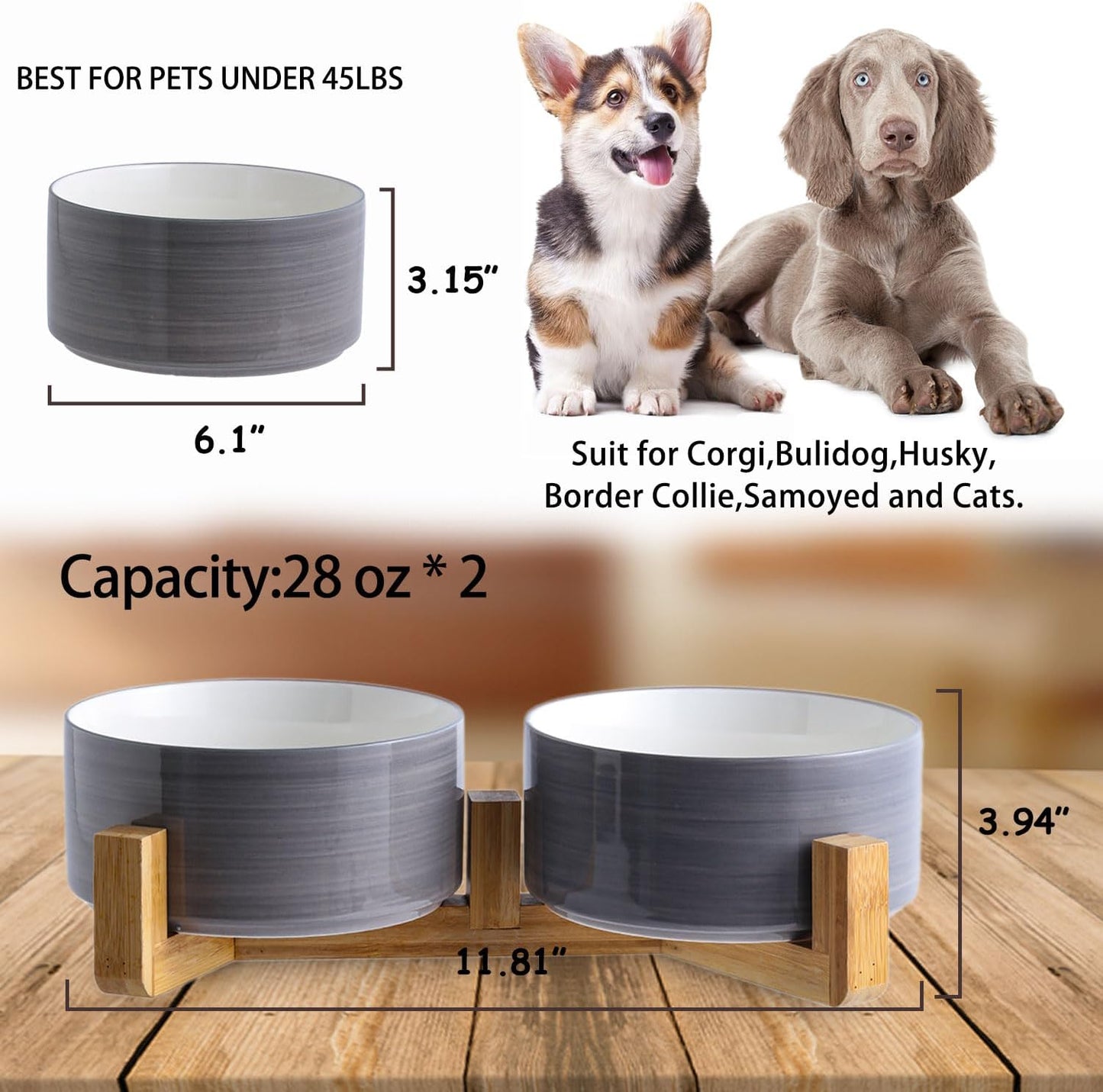 Petygooing Dog Bowls,Ceramic Cat Dog Bowl Set with Wood Stand for Food and Water,Non-Slip Weighted Cute Pet Dish Set for Cats and Medium Size Dogs (28OZ/6.1 in) Grey White