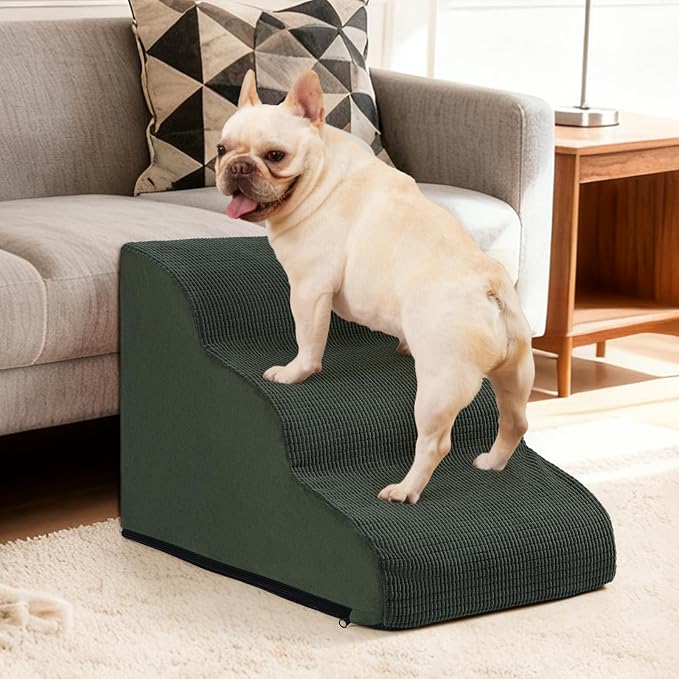 Aodisman Dog Stairs for Small Dogs and Cats,3-Step Pet Ramp for Couch,Chair | 15.7" H Non-Slip Sturdy Dog Steps with Curved Ramp for Senior,Short-Legged Dogs,Puppy and Cats to Reach Sofa or Chair,Green
