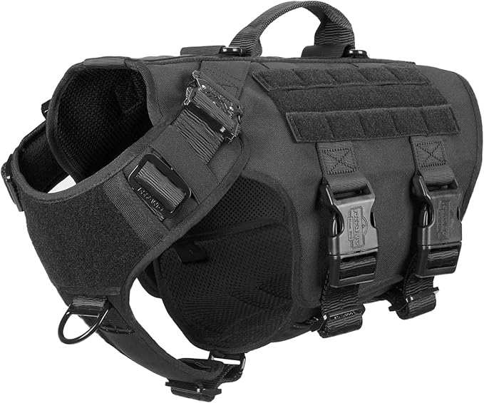 ICEFANG No Pull Tactical Dog Harness for X-Large Dogs,Adjustable Dog Vest | Control Handle,MOLLE Panel,Front Hook,3 Leash Clips,Soft Padded,for walking training,Black,X-Large
