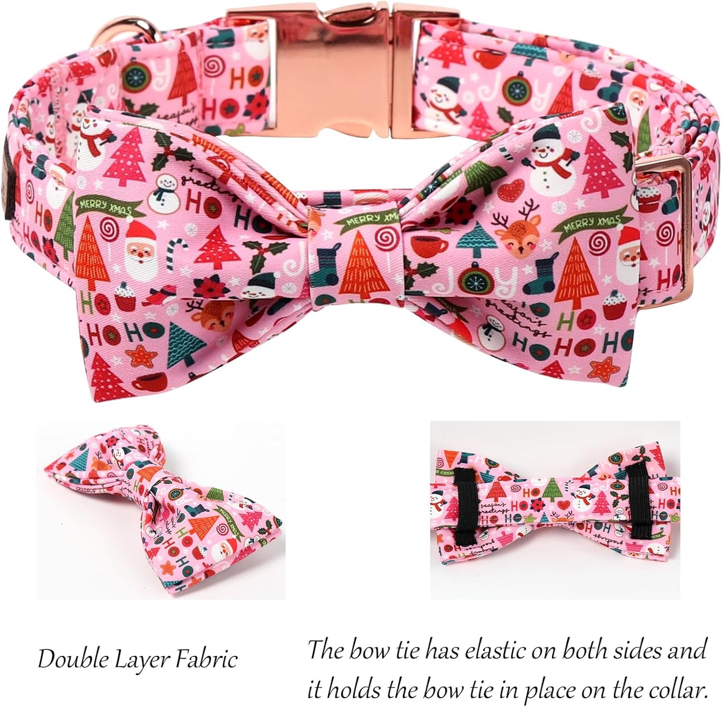 Lionet Paws Christmas Dog Collar with Bow tie,Cute Ho Christmas Tree Snowman Pink Dog Collar Bow Tie for Large Dogs Female, Neck 16-24 inches