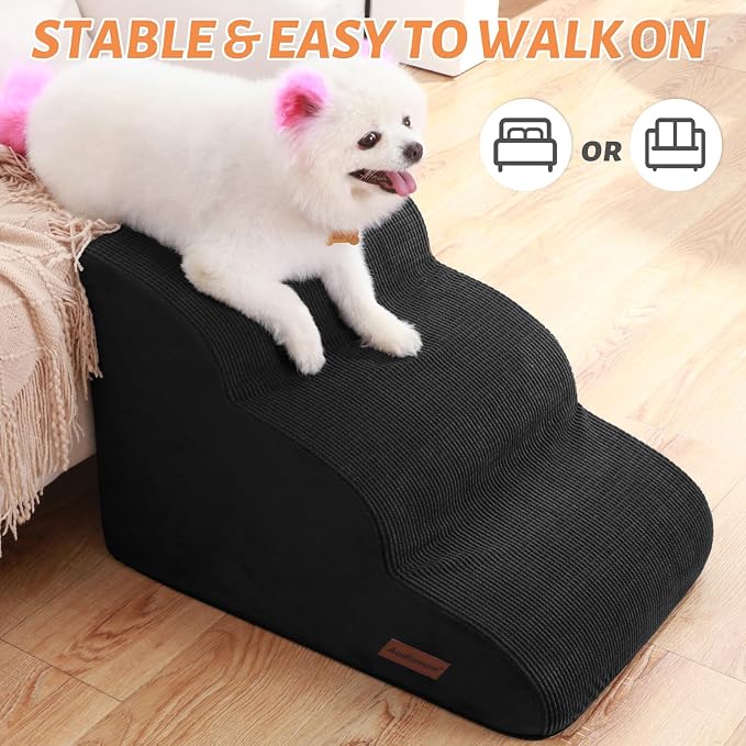 Aodisman Dog Stairs for Small Dogs and Cats,3-Step Pet Ramp for Couch,Chair | 15.7" H Non-Slip Sturdy Dog Steps with Curved Ramp for Senior,Short-Legged Dogs,Puppy and Cats to Reach Sofa or Chair,Black