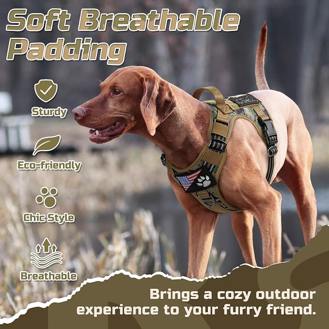 rabbitgoo Tactical Dog Harness for Large, No Pull Military Service Vest | Molle & Handle, Heavy Duty, Adjustable, Reflective Straps, Easy Control for Training Walking, Brown camo, Large