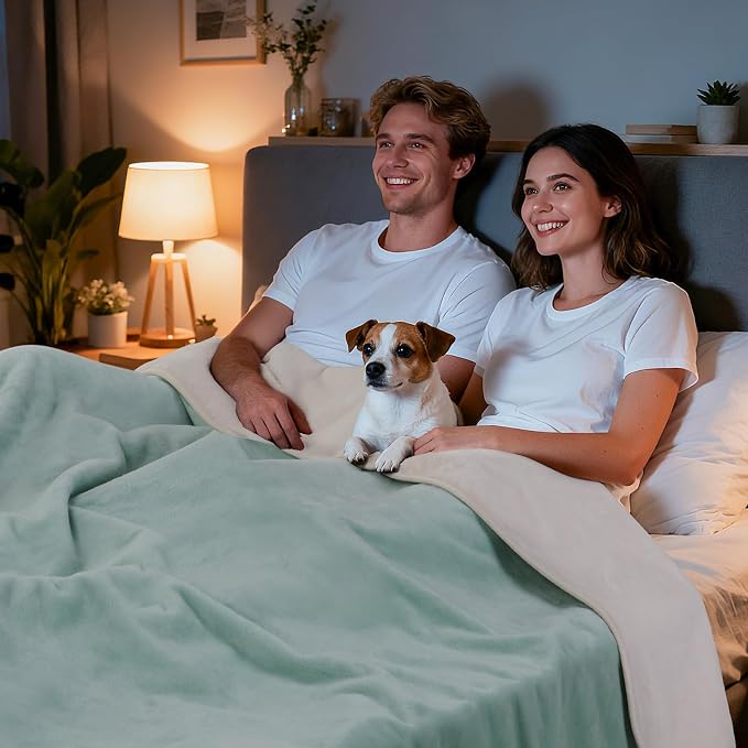 LOOBANI King Size Waterproof Blanket, Oversized Bed Cover, 85"x108", Green | Reversible Flannel Dog Blankets for Large Dogs, Spill-Proof Couch Cover for Family Movie Nights, Camping, Travel, Noise Free