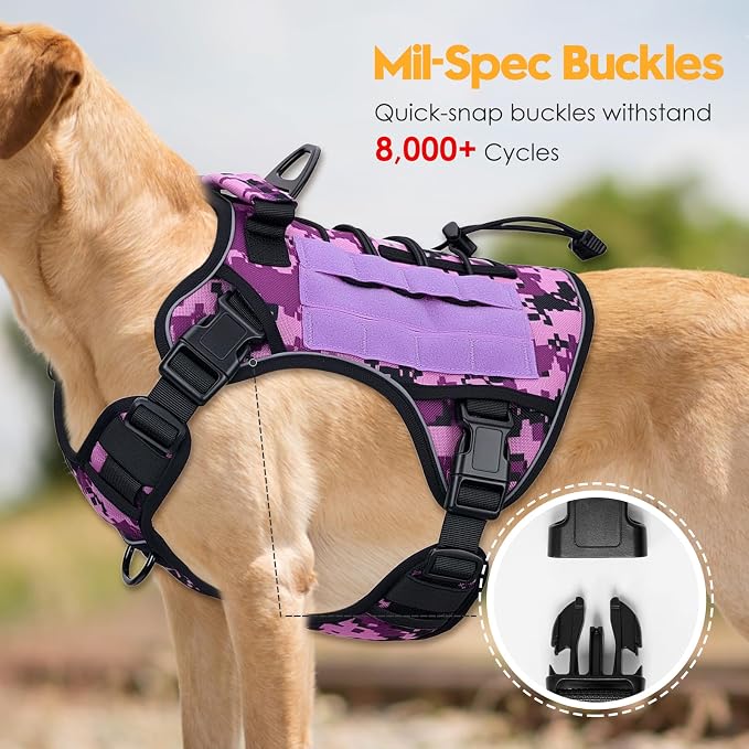 Heavy-Duty Tactical Dog Harness for Large Dogs, No Pull Adjustable Reflective Pet Vest with Molle System, K9 Military-Grade Control for Service Training, Outdoor & 10+ Breeds, Purple Camo, XX-Large