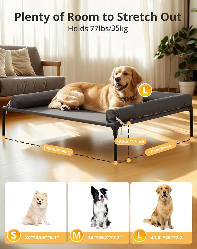 Cooling Elevated Dog Bed, 30x41.8 Raised Dog Bed with Removable Bolster Cushion, Breathable Mesh, Non-Slip Feet, and Metal Frame for Large Breeds Indoor Outdoor | Raised Dog Bed with Removable Bolster Cushion, Sturdy Metal Frame, Non-Slip Feet, for Lar...