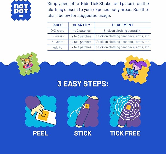 NATPAT TrailPatch Tick Repellent Stickers for Kids - All Natural Chemical Free Outdoor Bug Patch for Toddlers, Kids (48 Pack)