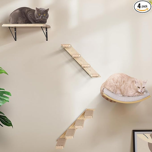 Wooden Cat Wall Steps Shelves Set, Wall Mounted Cats Shelves with Foam Cushion Bed, Flat Perch & 2 Four-Step Cat Ladders for Climbing