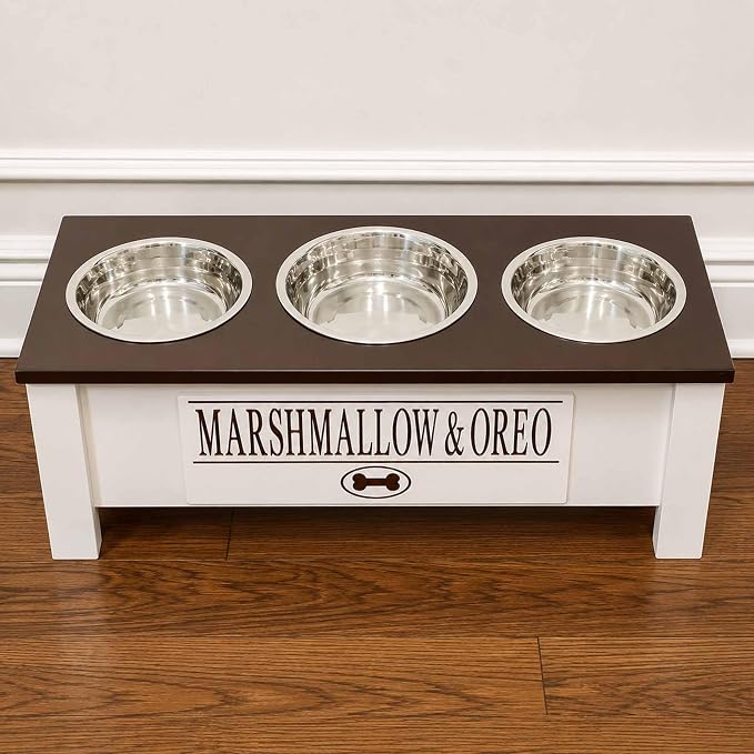 3 Bowl Dog Feeding Station, Personalized Triple Bowl Food Stand Medium Dogs | Farmhouse Style, Elevated Wood Stand, Storage Container, Stainless Steel Bowls, Raised Anti-Slip Feeder, Made in USA