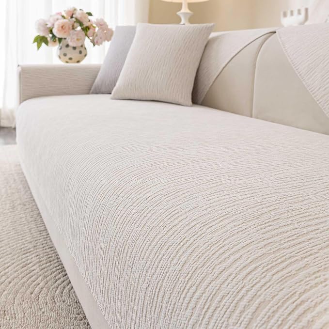 Soft Waterproof Chenille Cover Washable, Non Slip Sectional Sofa Covers for 3 Cushion Couch Sofa L Sharped Sofa Slipcover for Pets, Furniture Protector (1 PCS 36"x94" White)