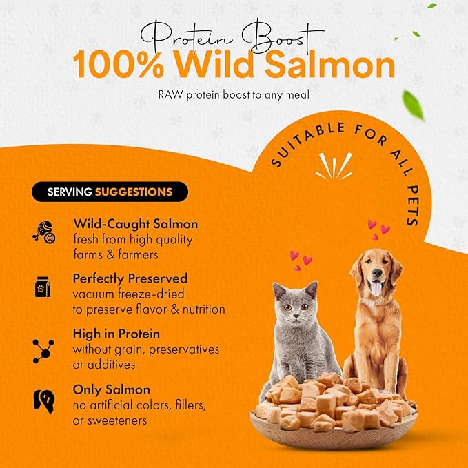 Freeze Dried Salmon Cat Treats | 100% Wild Caught Salmon Dog Treats, Grain- Free | High Protein, Single Ingredient Cat & Dog Food Toppers | No Additives or Preservatives | Tested in USA | 2.6 oz