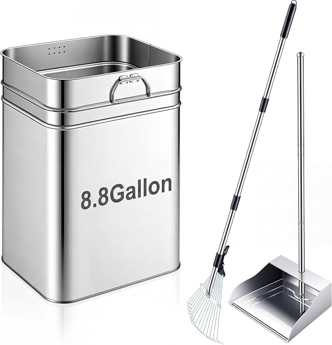 Stainless Steel Dog Pooper Scooper Set, 8.8 Gal Bucket, Long Handle | Includes Rake, Tray and Bucket for Yard Cleanup. Extra-wide Tray and Adjustable Handle Help Clean Large Dog Waste Easily