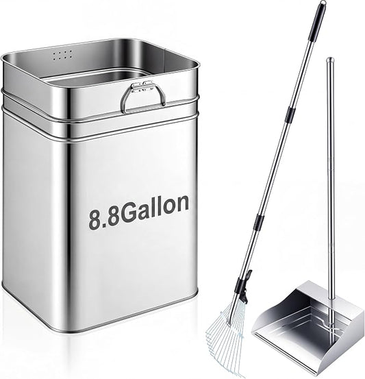 Stainless Steel Dog Pooper Scooper Set, 8.8 Gal Bucket, Long Handle | Includes Rake, Tray and Bucket for Yard Cleanup. Extra-wide Tray and Adjustable Handle Help Clean Large Dog Waste Easily
