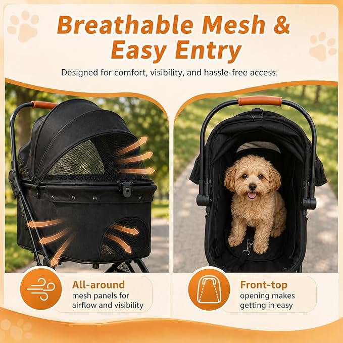 Pet Stroller for Small Dogs and Cats, Detachable Dog Cat Stroller with All-Terrain Shock Absorbing Wheels, One-Click Foldable Design, Adjustable Canopy (Gray)