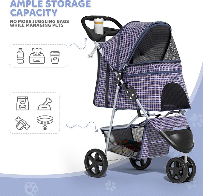 Magshion 3-Wheel Pet Stroller, Foldable Travel Jogger for Small & Medium Dogs & Cats (Up to 33lbs), Lightweight Carrier with Breathable Mesh Cover, Cup Holder & Storage Basket, Plaid