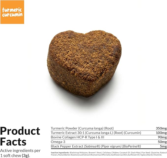 Turmeric Curcumin for Dogs - 90 Soft Chews - with Collagen, BioPerine and Fish Oil - Hip & Joint Support, Ease Inflammation, Antioxidant.