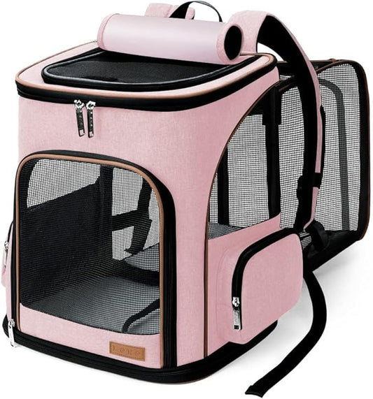 Lekereise Pet Carrier Backpack Expandable Cat Backpack Carrier for Small Dogs Large Cats Puppies, Dog Backpack Carrier for Hiking Travel Outdoor Hold Pets Up to 20 25 Lbs, Pink