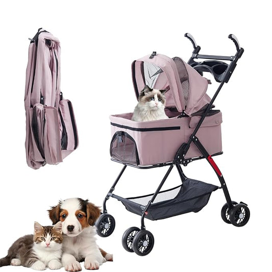 4 Wheels Foldable Pink Pet Stroller with Waterproof Cover, Storage Basket & Cup Holder, Breathable Visible Mesh for All-Season, for Small/Medium Dogs and Cats