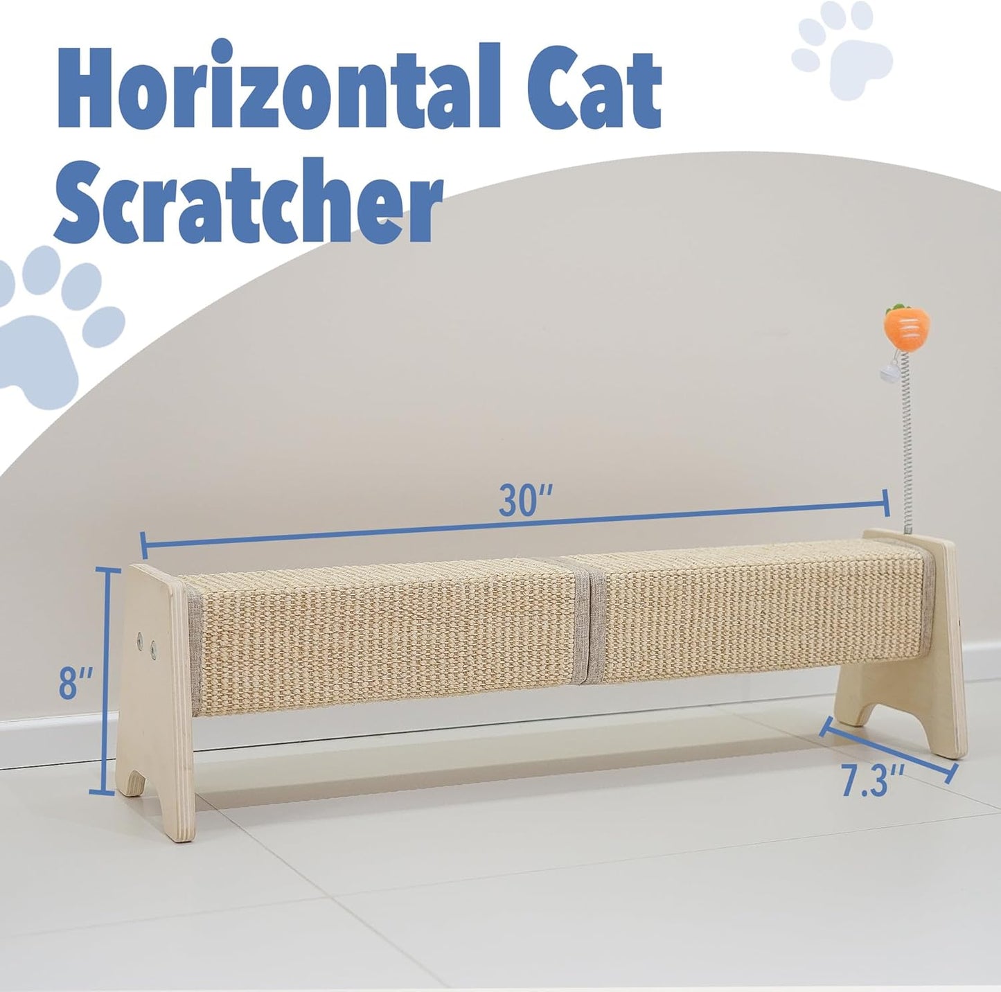 Cat Scratching Post, 30" Horizontal Sisal Scratch Post for Indoor Cats, Durable Cat Furniture Protector with Spring Toy