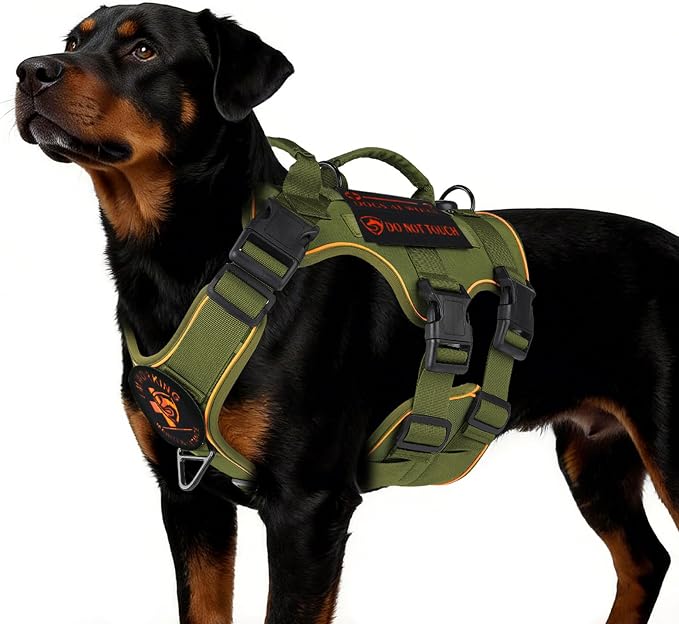 Reflective Tactical Dog Harness with AirTag Holder&3 Pet Patches, Green XL | Heavy Duty No Pull Dog Harness, Adjustable Dog Harness, Two Handles, Breathable Mesh Padding, Resists Dirt and Stay Clean