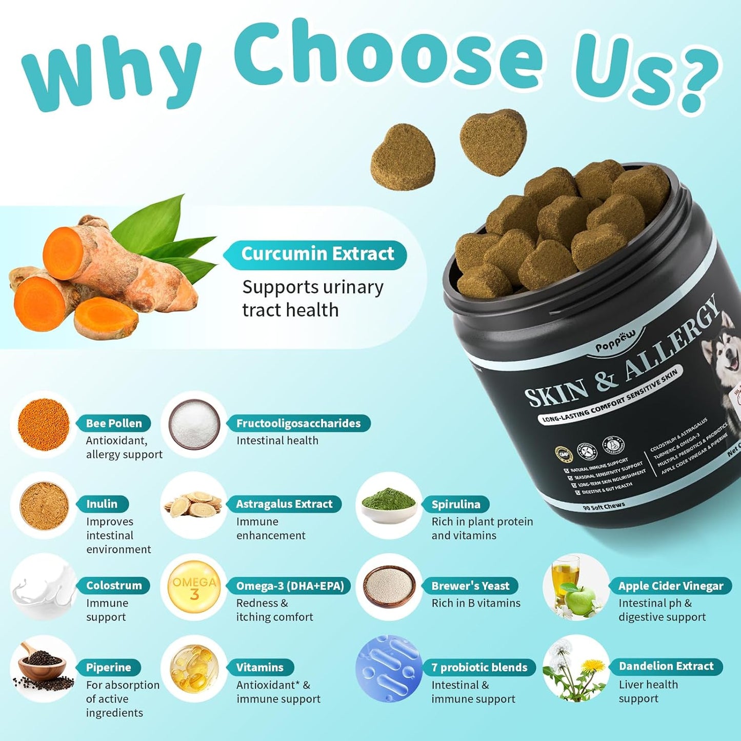 Dog Skin & Allergy Chews - Dog Probiotics for Sensitive Skin Health Support - Allergy Relief - Support Seasonal Allergies, Immune & Gut & Digestive Health Supplement - Chicken Flavor - 90 Count