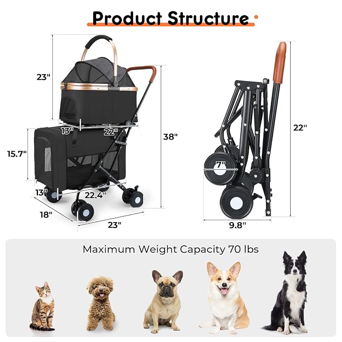 Double Pet Stroller for Small Medium Dogs - 4 In1 Dog Stroller for 2 Pets, Detachable and Foldable with 360°Rotating Wheels, Easy Assembly and Compact Size (Black)